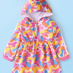 Babyhug Cotton Knit Full Sleeves Hooded Winter Frock with Abstract Print - Pink-image-53
