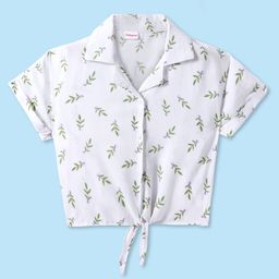 Babyhug Rayon Woven Half Sleeves Collared Top with Leaves Print - White-image-81