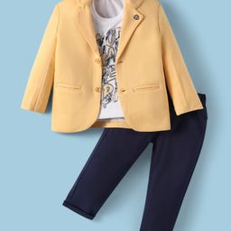 Rikidoos Full Sleeves Solid Blazer With Typography Printed Tee & Pant - Yellow & Navy Blue-picture-10