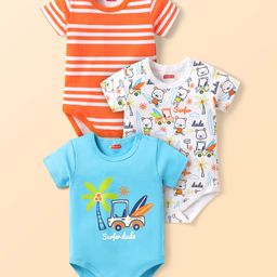 Babyhug 100% Cotton Knit Half Sleeves Striped & Beach Theme Printed Onesies Pack of 3 - Light Blue White & Orange-image-16