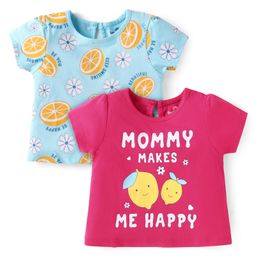Doodle Poodle Single Jersey Knit Half Sleeves Tropical Theme Printed T-Shirts Pack Of 2 - Dark Pink Light Blue-image-57