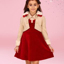 Cutecumber Bow Applique Detailed Dress With Full Sleeves Fur Detailed Trim Jacket Set - Red-image-52