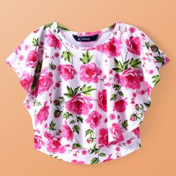 Pine Kids Cotton Knit Half Sleeves Top with Floral Print - Pink & White-image-93