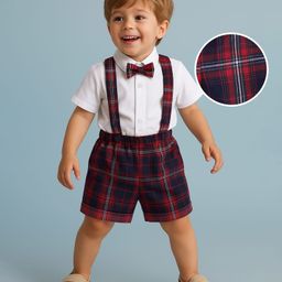 Babyhug Woven Half Sleeves Solid Color Shirt with Checkered Shorts with attached Suspender & Bow - White Navy & Red-image-70