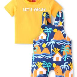 Babyhug Single Jersey Knit Half Sleeves T-Shirt & Dungaree with Beach Theme &Lets Vacay Text Print - Yellow & Navy Blue-image-67