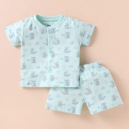 CUCUMBER Interlock Knit Half Sleeves Shorts Night Suit With Helicopter Print - Light Blue-image-51