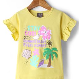 Little Kangaroos Cotton Knit Frill Sleeves Tops With Shell Patch & Tropical Theme Print - Lemon Yellow-image-81