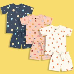 Orange Sugar 100% Cotton Knit Pack Of 3 Half Sleeves Farm & Hot Air Balloon Printed Coordinating Night Suit Set - Multi Colour-image-80