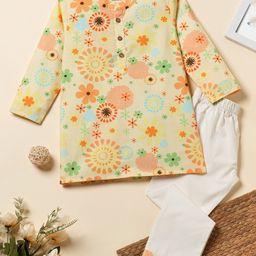 Desi Soota Cotton Full Sleeves Floral Printed Kurta Pyjama Set - Yellow-image-92