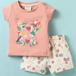 Ollypop Single Jersey Knit Half Sleeves Top & Shorts Set with Fun In the Sun Text Print - Pink-picture-4