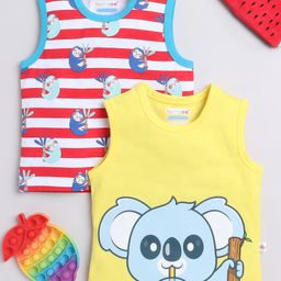 BUMZEE Cotton Knit Sleeveless Vests With Striped & Animal Print Pack Of 2 - Yellow & Red-picture-3