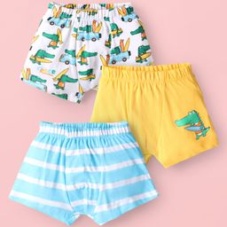 Babyhug 100% Cotton Knit Antibacterial Trunks with Stripes & Animal Print Pack of 3 - Yellow Light Blue & White-image-25