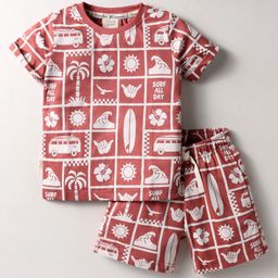 Ollypop Sinker Knit Half Sleeves T-Shirt and Shorts Set With Beach Theme Print - Red-image-83