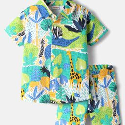 Babyhug Single Jersey Knit Half Sleeves Shirt & Shorts Co-Ord Set With Animal Print - Multicolor-image-36
