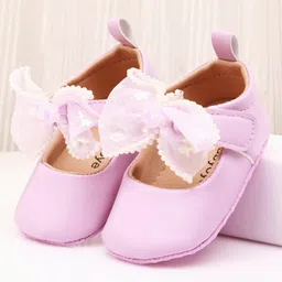 Babyoye Velcro Closure Solid Coloured Booties With Bow Applique - Purple-picture-42