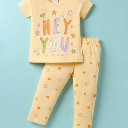 Tango Single Jersey Knit Half Sleeves Night Suit With Heart & Text Print - Lemon-image-95
