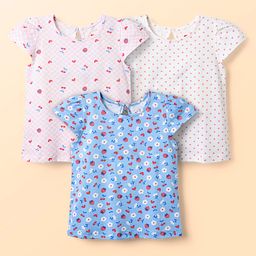 Babyhug 100% Cotton Knit Half Sleeves T-Shirts with Tropical Theme Polka Dots Print & Checks Pack of 3 - Light Blue Pink & White-image-64
