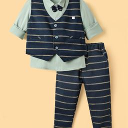 Mini Taurus Sinker Knit Full Sleeves Striped 3 Piece Party Suit With Bow Applique - Light Green-image-34