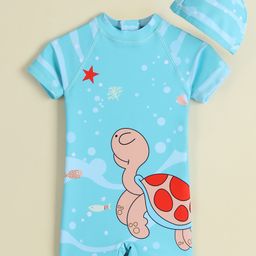 Babyhug Half Raglan Sleeves Legged Swimsuit & Cap - Light Blue-image-37