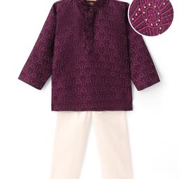 Ridokidz Full Sleeves Floral Embroidered & Foil Printed Kurta & Pyjama Set - Dark Purple-image-2