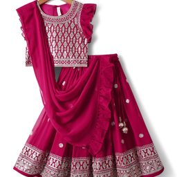 Babyhug Georgette Woven Frill Sleeves Lehenga Choli and Dupatta Set with Embroidery - Maroon-image-51