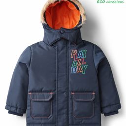 Babyoye Knit Full Sleeves Padded Hooded Jacket with Text Print - Navy Blue-image-65