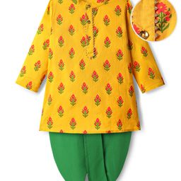 EARTHY TOUCH Cotton Woven Kurta Full Sleeves Dhoti Set with Floral Print - Mustard & Green-image-67