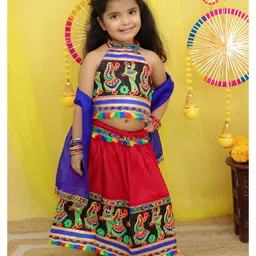 BownBee Pure Cotton Navratri Theme Sleeveless Kutch Embroidered & Mirror Work Embellished Chaniya Choli With Dupatta Set - Red-picture-41