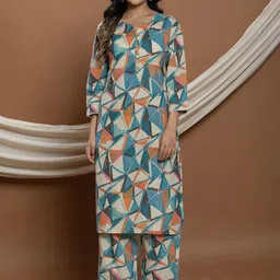 VEDANA Geometric Printed Pure Cotton Notch Neck Straight Kurta with Trousers-picture-32