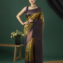 HI FI NX Ethnic Motifs Woven Design Zari Pure Silk Banarasi Saree-image-33