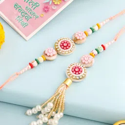 Sangria Set Of 2 Stones Studded & Beaded Floral Thread Rakhi With Roli Chawal Chandan-1