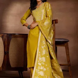 Libas Floral Yoke Design Zari Work Straight Kurta With Trousers & Dupatta-57