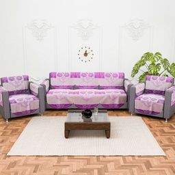Aura Purple & White 16 Pieces Printed Cotton 5 Seater Sofa Covers With Arms-image-74