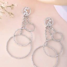 VOJ Silver Plated AD Stone Studded Crescent Shapped Long Drop Earrings-13