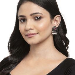 Panash Silver-Plated & Pink Circular Oxidised Stud Earrings image 2
