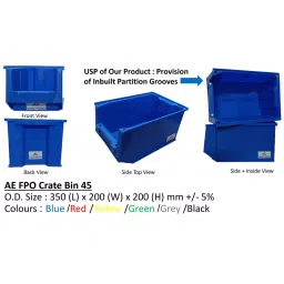Avsar Plastic 350x200x200 mm Blue FPO Crate Bin 45 Capacity 10 Kg Approx with Verticle & Horizontal Partition (Pack of 2) image 4