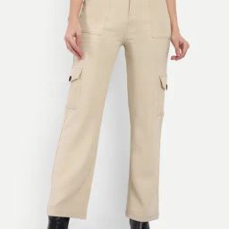 Broadstar Beige Cotton Straight Fit High Rise Cargo Pants-image-91