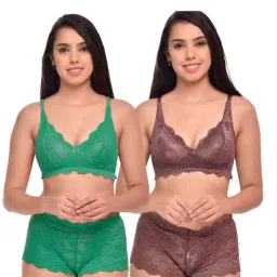 AROUSY Green & Brown Self Pattern Bras & Panties Set - Pack Of 2-image-85