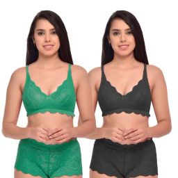 AROUSY Green & Black Self Pattern Bras & Panties Set - Pack Of 2-image-16