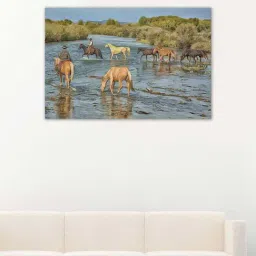 999store Multicolor Horse Roundup Crossing River Canvas Painting-12