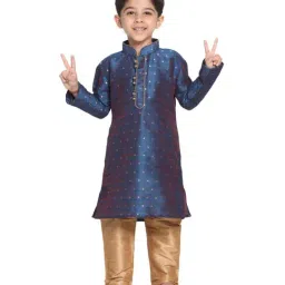 VASTRAMAY Kids Persian Blue & Rose Gold Self Pattern Kurta Set-image-73