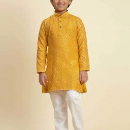 Pro-Ethic Style Developer Boys Yellow Cotton Jacquard Full Sleeves Kurta Sets-18