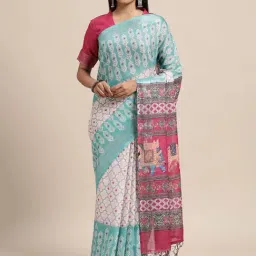 Janasya Sky Blue & Grey Printed Saree With Unstitched Blouse-image-46