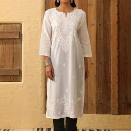 House of Chikankari White Chikankari Cotton Woven Long Kurta-picture-40