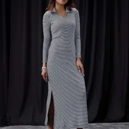 Globus Women Black Collared Neck Long Sleeves Striped Ribbed Side Slits Maxi Bodycon Dress-picture-13