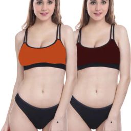 AROUSY Orange & Maroon Cotton Bra Panty Set - Pack Of 2-image-70
