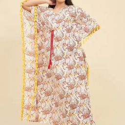 The Kaftan Company White Cotton Regular Fit Printed Kaftan Night Dress-image-20