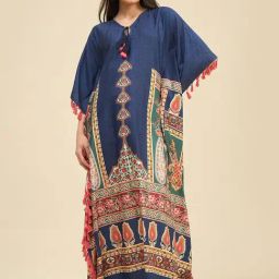 The Kaftan Company Blue Regular Fit Printed Kaftan Night Dress-image-15