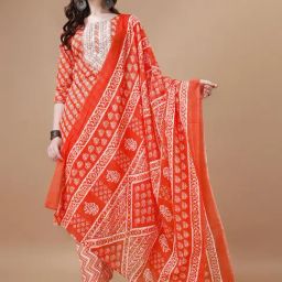 BERRYLICIOUS Orange Cotton Printed Kurta Pant Set With Dupatta-image-21