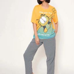 Clovia Yellow & Grey Regular Fit Printed Top & Pyjama Set-image-3